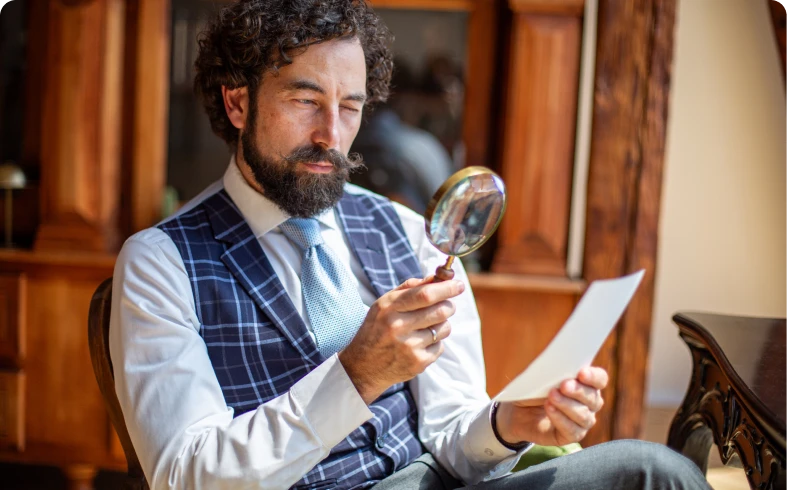 Man examines document with magnifying glass