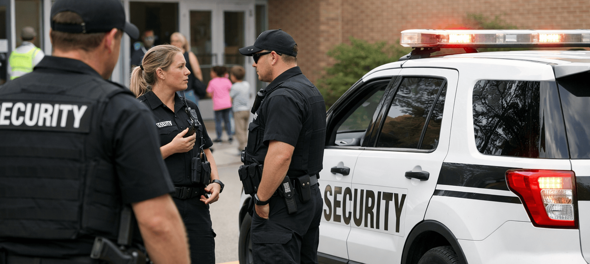 Security officers conversing near patrol vehicle